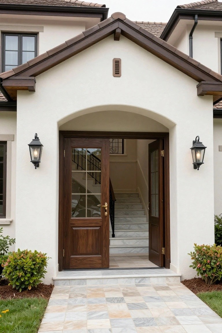 Beige stucco house exterior featuring an arched entry with open double wooden doors, black lanterns on each side, white marble steps, tiled pathway, and low green shrubs.