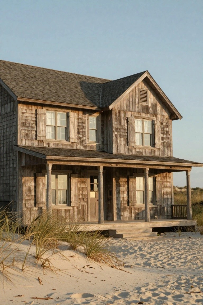 Weathered gray shingle-clad house with gabled roof, front porch supported by posts, and steps leading to sandy beach with sea grass.