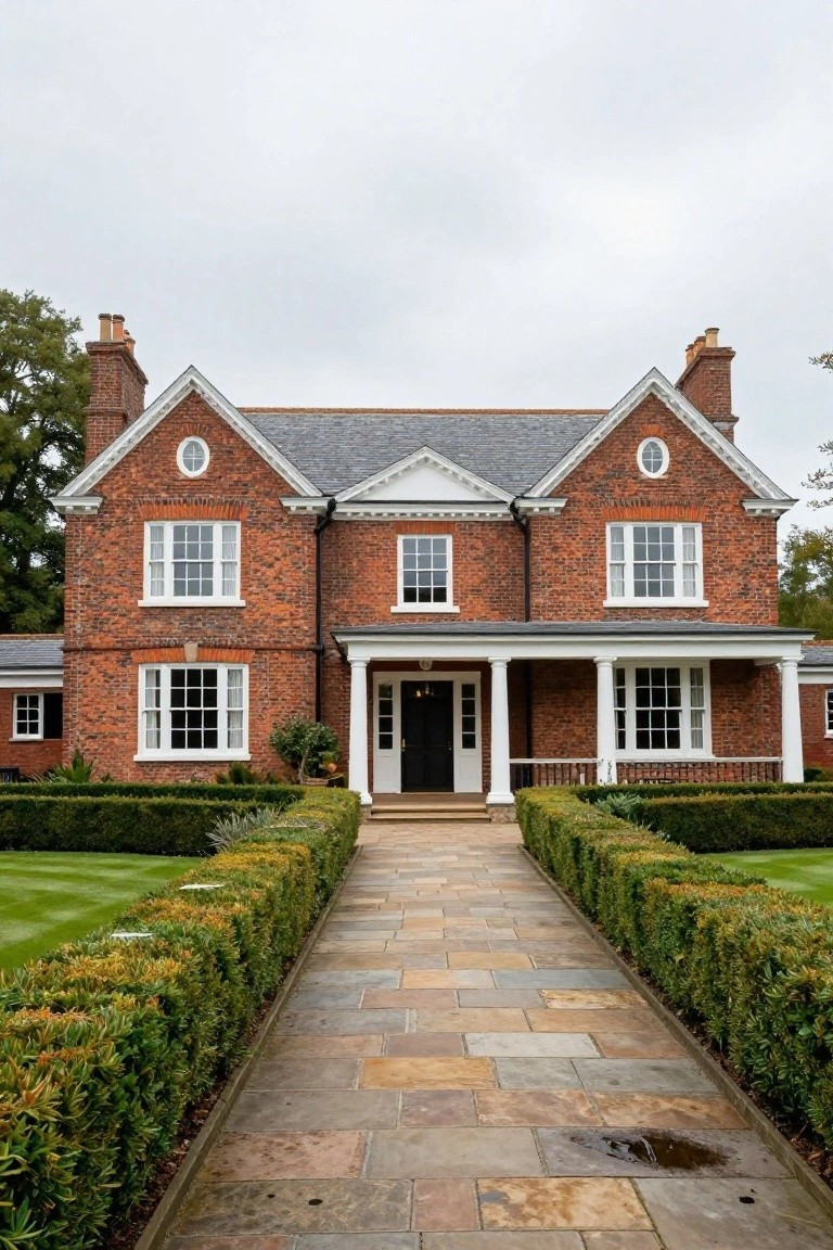Red brick mansion with white columns, stone walkway, and manicured hedges.