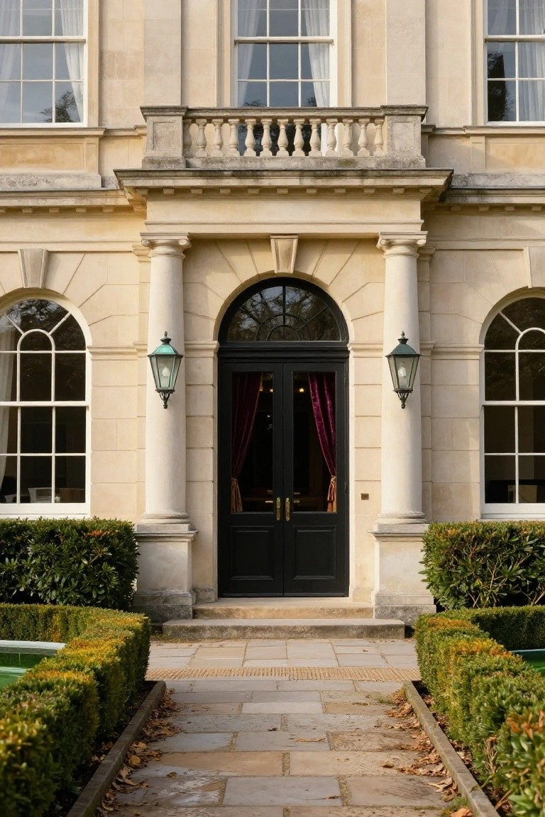 Beige stone mansion entrance with twin columns supporting a pediment, arched black double doors, green lanterns on sides, and boxwood hedges lining a stone pathway.
