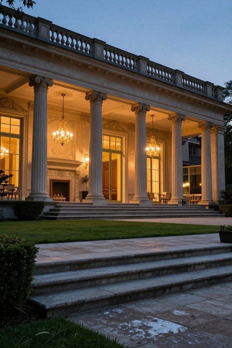 Neoclassical mansion facade at dusk with tall fluted columns supporting a portico, wide stone steps, large arched windows and doors with interior chandeliers lit, flanked by lawn and shrubs.