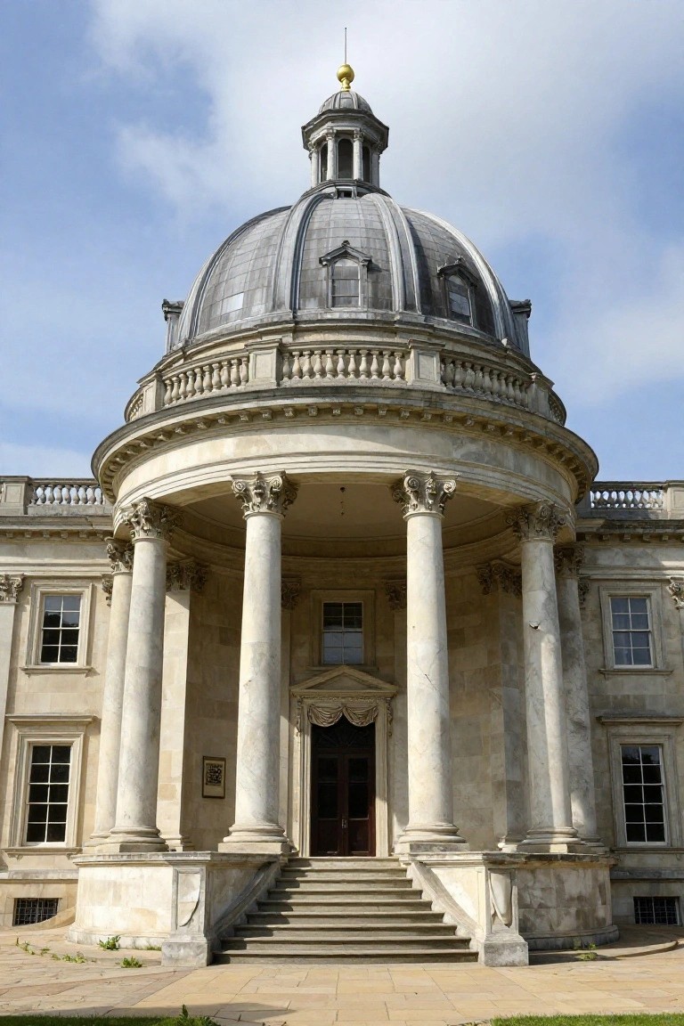 Beige stone mansion exterior featuring a domed roof, Corinthian columns supporting a curved portico over wooden double doors, with wide steps leading up from a paved walkway under a partly cloudy sky.
