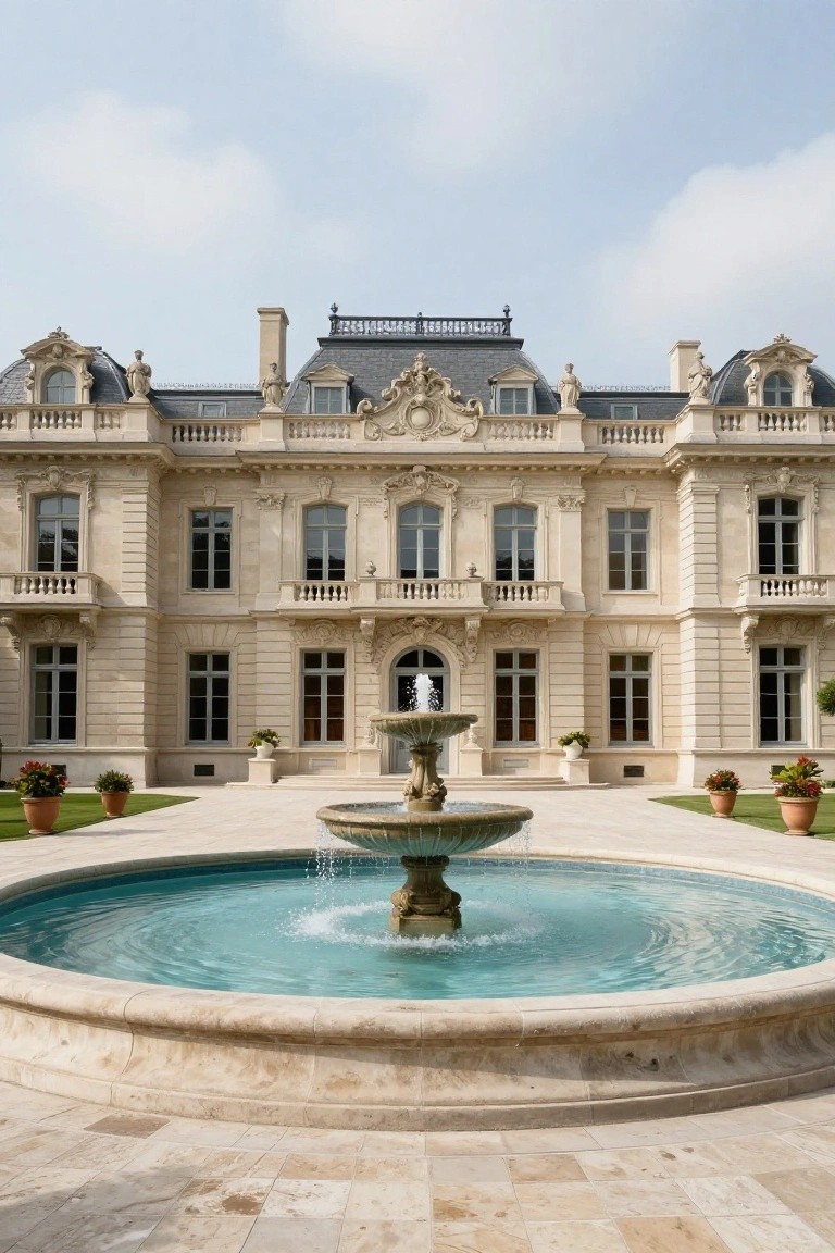 Light beige stone mansion with ornate roofline and multiple windows facing a circular stone fountain pool with splashing blue-green water in a paved courtyard lined with potted plants and grass.