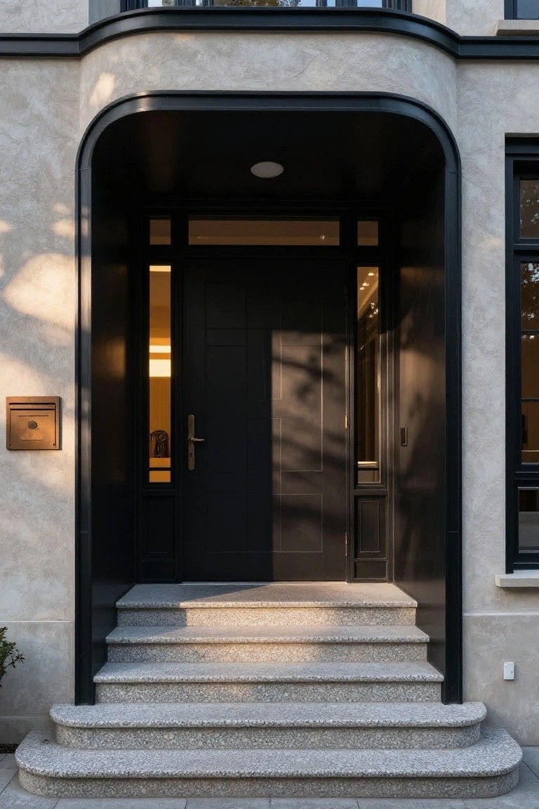 Black double doors with arched entry, stone steps, and beige stucco facade.