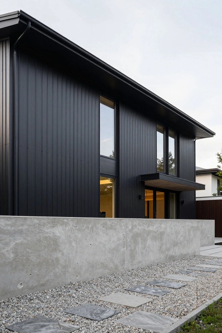Black vertically clad modern house with large windows, concrete retaining wall at base, and gravel pathway with rectangular stone slabs leading to glass entry door.