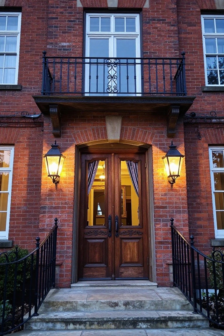 Red brick house exterior with arched double wooden front doors flanked by black lanterns, wrought iron balcony above, steps, and railing.