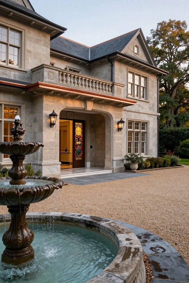 Stone mansion exterior with arched entryway, stained glass door, lanterns, copper-trimmed balcony above, bronze fountain in foreground, gravel driveway, and landscaped borders.