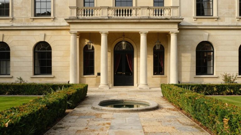 Beige stone mansion entrance with twin columns supporting a pediment, arched black double doors, green lanterns on sides, and boxwood hedges lining a stone pathway.