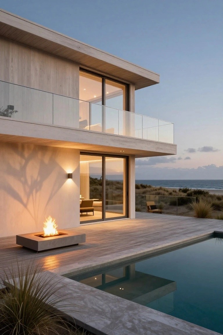Modern house corner with light wood cladding, glass balcony railing above, sliding glass doors opening to wooden deck with square concrete fire pit burning, infinity-edge pool, beach dunes and ocean at dusk.