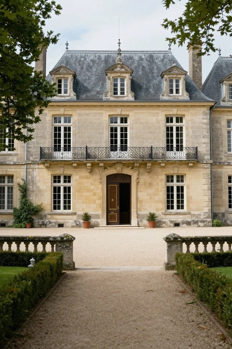 Beige stone mansion facade with slate roof, dormer windows, wrought-iron balcony over a dark wooden entry door, flanked by potted plants, with a central gravel path edged by low boxwood hedges and stone balustrades.