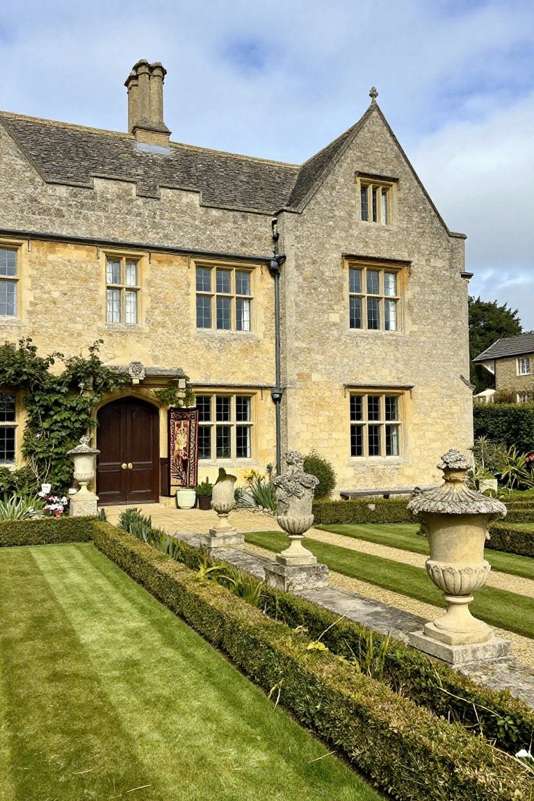 Stone manor house with gabled roof, arched wooden front door flanked by climbing vines and stone urns, boxwood hedges bordering gravel paths on a lawn.