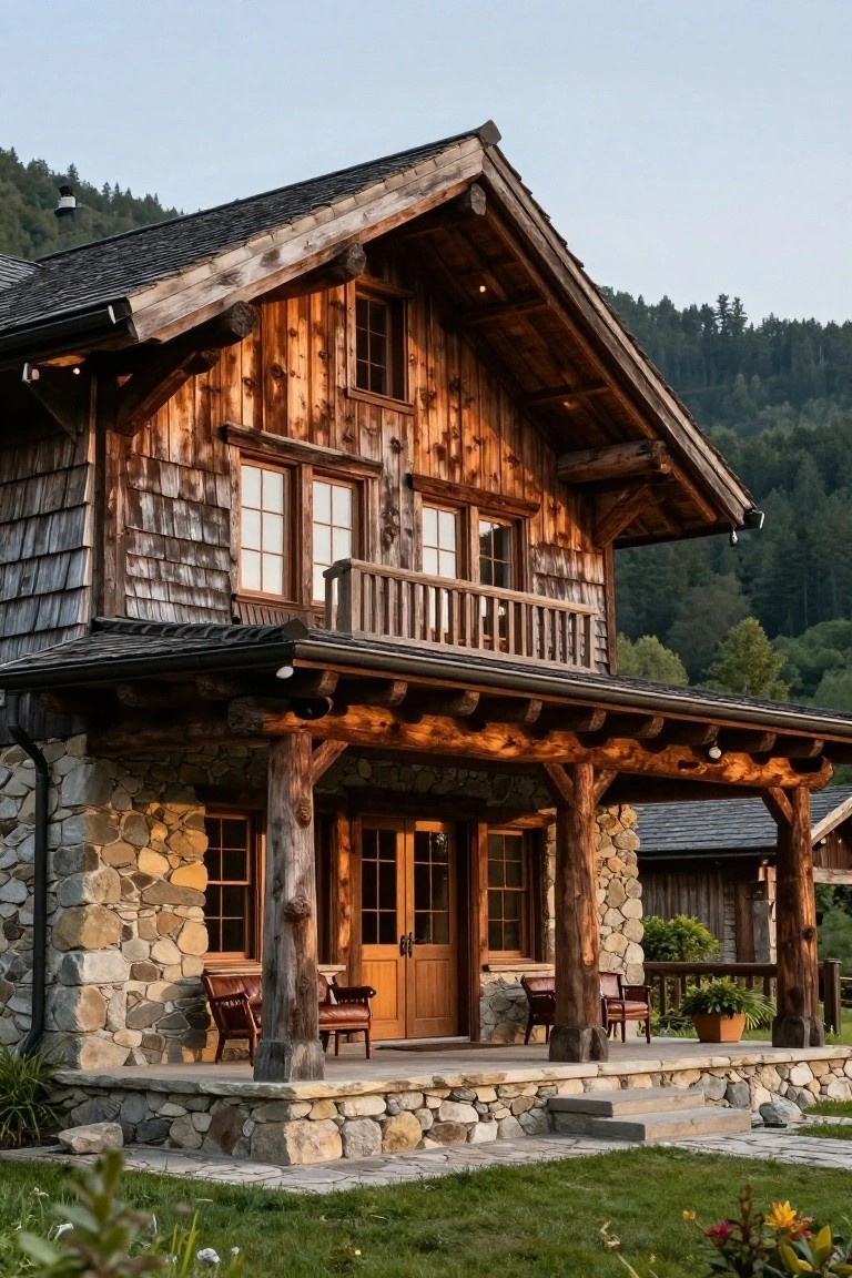 Wooden chalet house with dark shingle roof, vertical log columns supporting a covered front porch, stone foundation, balcony above, and surrounding grass and trees in a mountain setting.