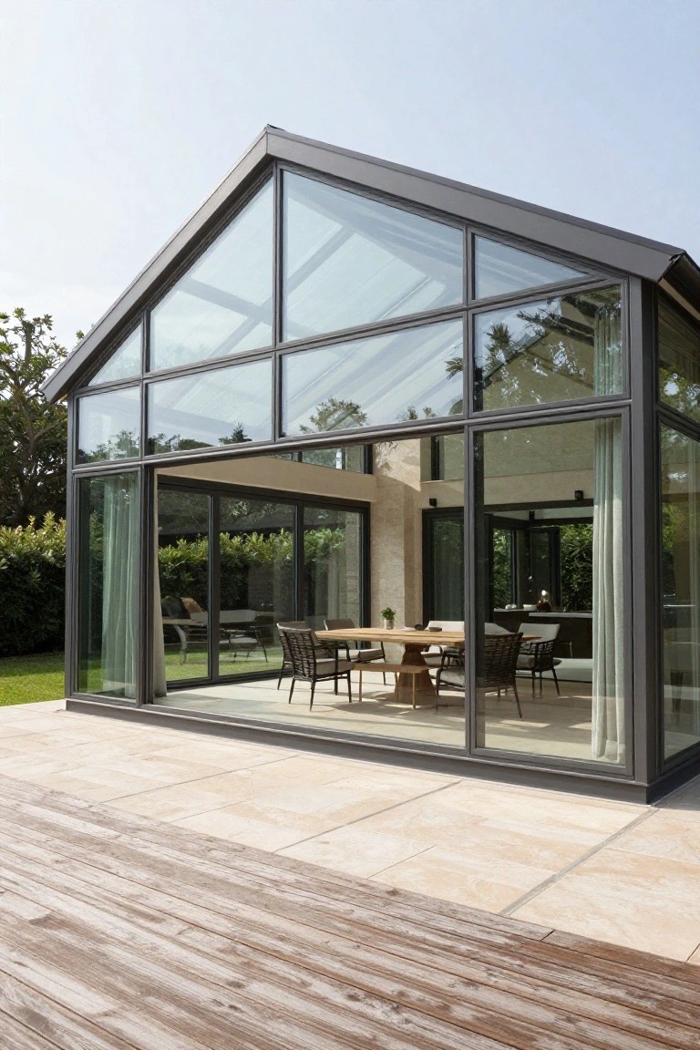 Modern glass extension with pitched roof and large sliding doors attached to a house, interior dining table visible through transparent walls opening to stone patio and wooden deck surrounded by trees and lawn.