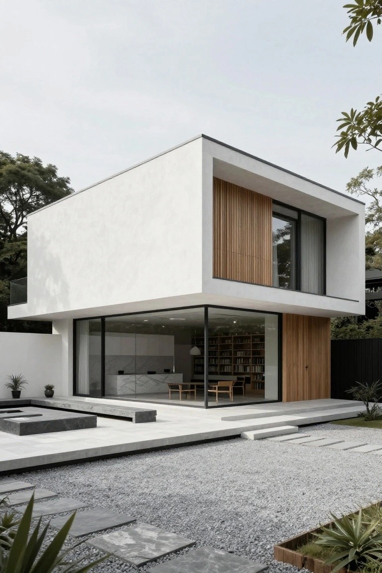 Modern white boxy house with wood cladding and vertical slats, featuring a large corner glass wall revealing kitchen interior, connected to a minimalist concrete patio and gravel yard with stone steps and plants.