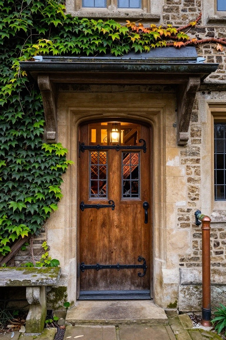 Stone building entrance covered in green ivy with an arched dark wooden double door featuring black iron hinges, grille windows, and a lantern light inside, plus a stone bench and metal downspout nearby.