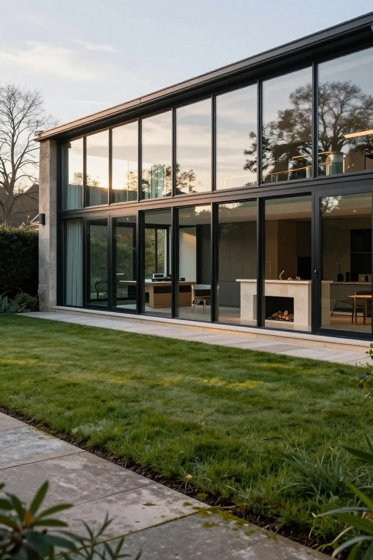 Side view of a modern house featuring tall black-framed sliding glass doors opening from the interior living area with a fireplace to a green lawn edged by a stone pathway and plants.