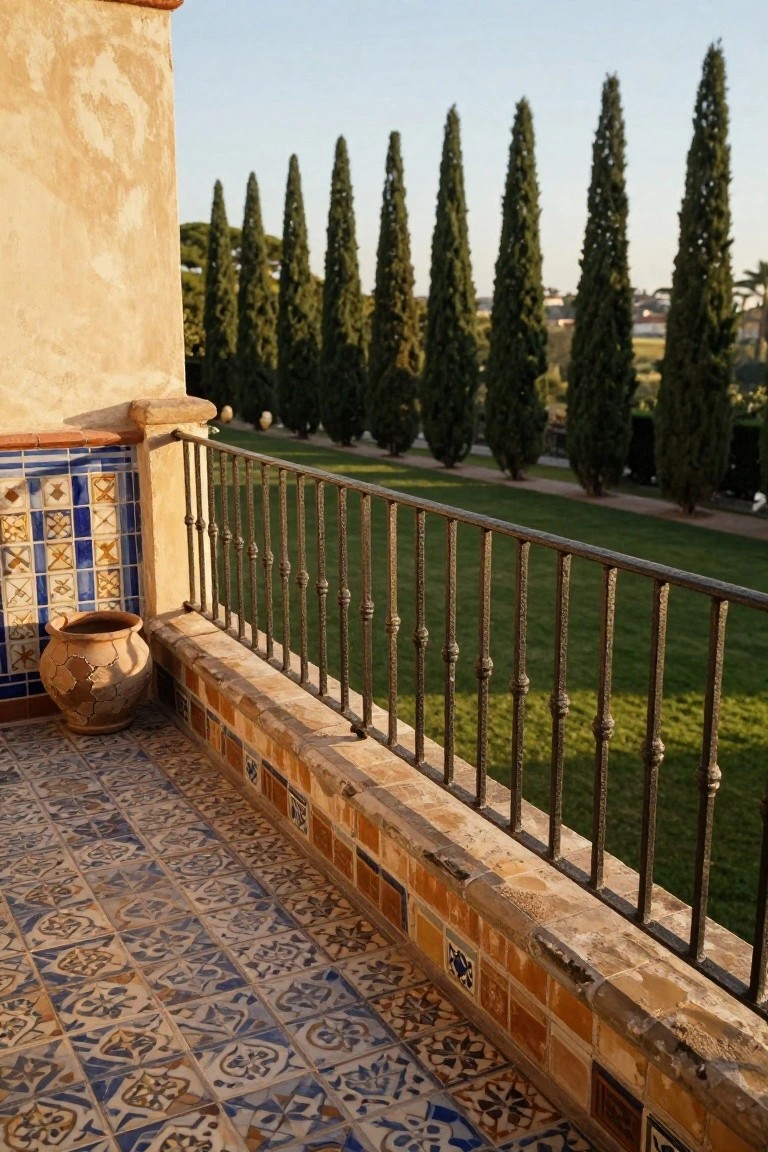 Balcony with patterned tiles, metal railing, and cypress trees beyond.