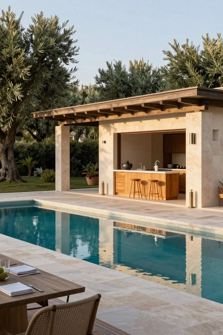 Open-air outdoor kitchen pavilion with wooden counters, bar stools, and sink next to a rectangular turquoise pool, surrounded by olive trees and stone paving.