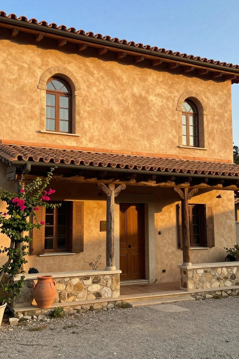 Beige stucco two-story house with terracotta tile roof, arched windows with wooden shutters, covered front porch on wooden posts and beams with stone base, wooden door, large terracotta pot, bougainvillea plant, and gravel driveway.