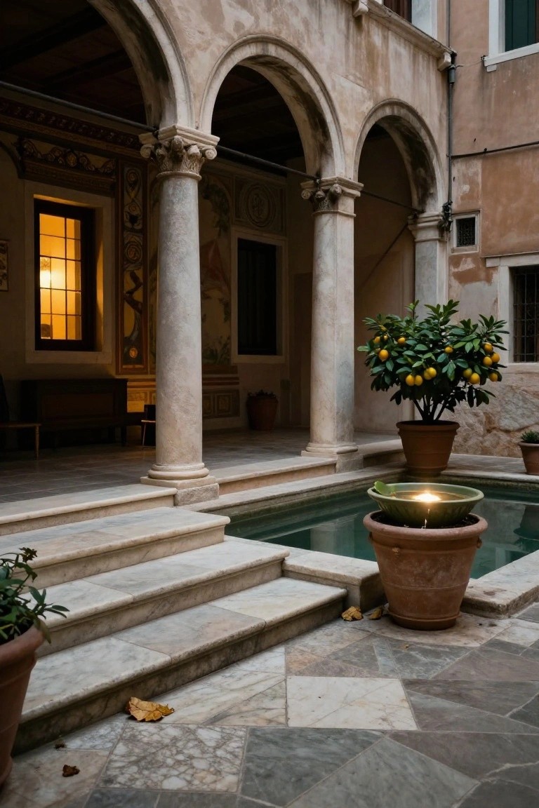 Stone courtyard with arched colonnades, central rectangular pool containing a lit candle in a green bowl and lily pad, potted orange tree, terracotta pots, steps, bench, and warm-lit window.
