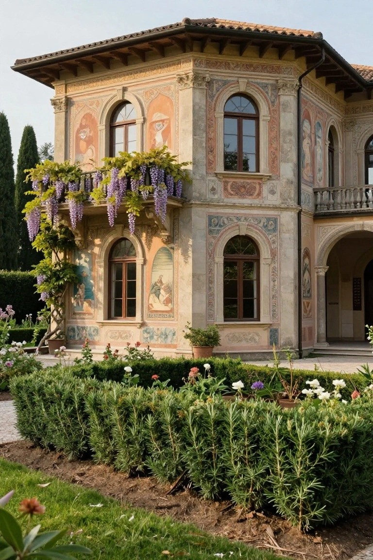 Beige stucco mansion exterior with fresco-painted walls, arched windows, balcony draped in purple wisteria vines, formal boxwood hedges, and flower beds in the foreground.