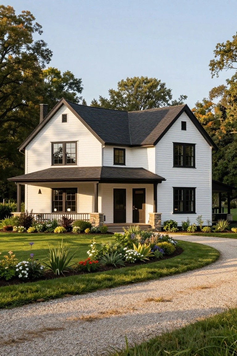 A two-story white clapboard house with black trim on windows and roof, featuring a covered front porch with stone pillars and black posts, surrounded by gardens and a curved gravel driveway.