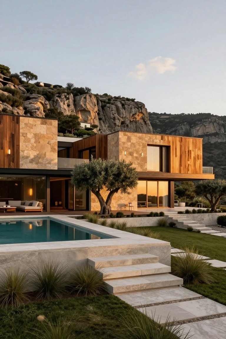 Modern luxury home with beige stone and warm wood facade built into orange rock cliffs, featuring large glass windows, infinity-edge pool, olive trees, and grass landscaping with stone steps.