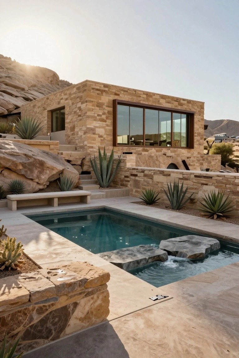Modern house with tan stone walls integrated into rocky desert hillside, featuring a turquoise rectangular pool with rock waterfall edge, agave plants, stone bench, steps, and large glass window walls.