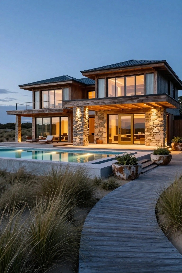 Modern two-story house with wood and stone exterior, large glass windows, infinity-edge pool on a deck, and wooden boardwalk path winding through tall dune grasses toward the house at dusk.