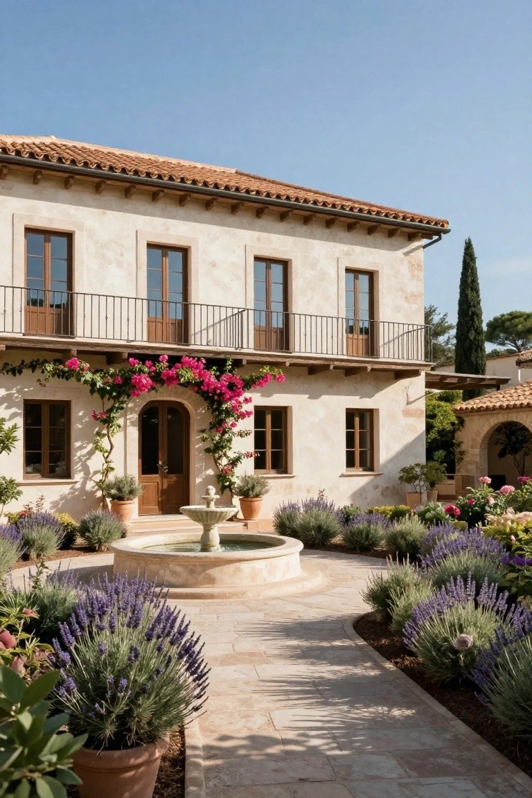Beige stucco Mediterranean-style house with terracotta tile roof, wooden arched entry door draped in pink bougainvillea, central round stone fountain in courtyard, lavender-lined stone path, and various potted plants under clear blue sky.