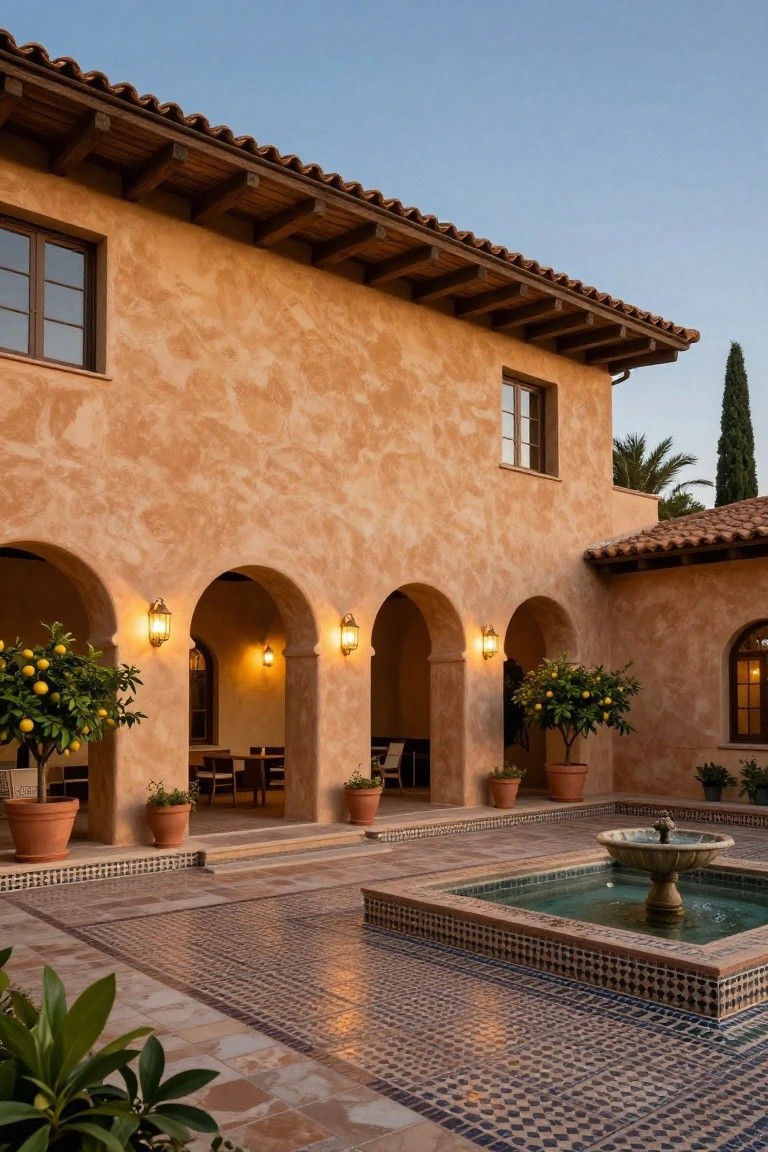 Beige stucco house exterior with red tile roof and arched colonnades around a courtyard featuring a central stone fountain in green-tiled basin, potted orange trees, lantern lights, and plants at dusk.