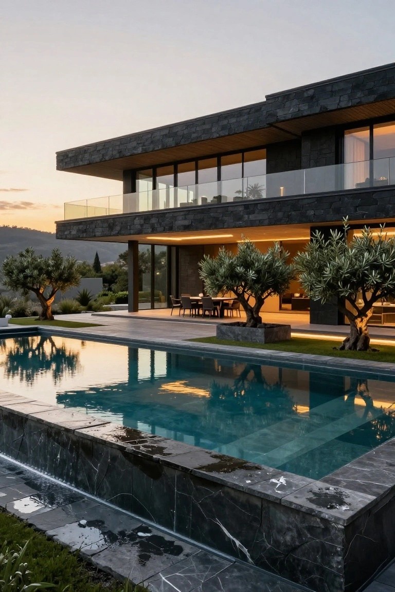Modern black stone house with multi-level glass walls, infinity pool edged in dark marble, terrace seating, olive trees, and hillside view at dusk.