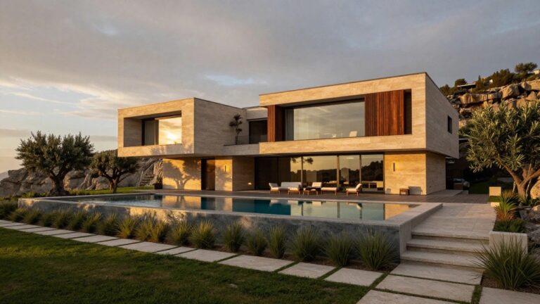 Modern luxury home with beige stone and warm wood facade built into orange rock cliffs, featuring large glass windows, infinity-edge pool, olive trees, and grass landscaping with stone steps.
