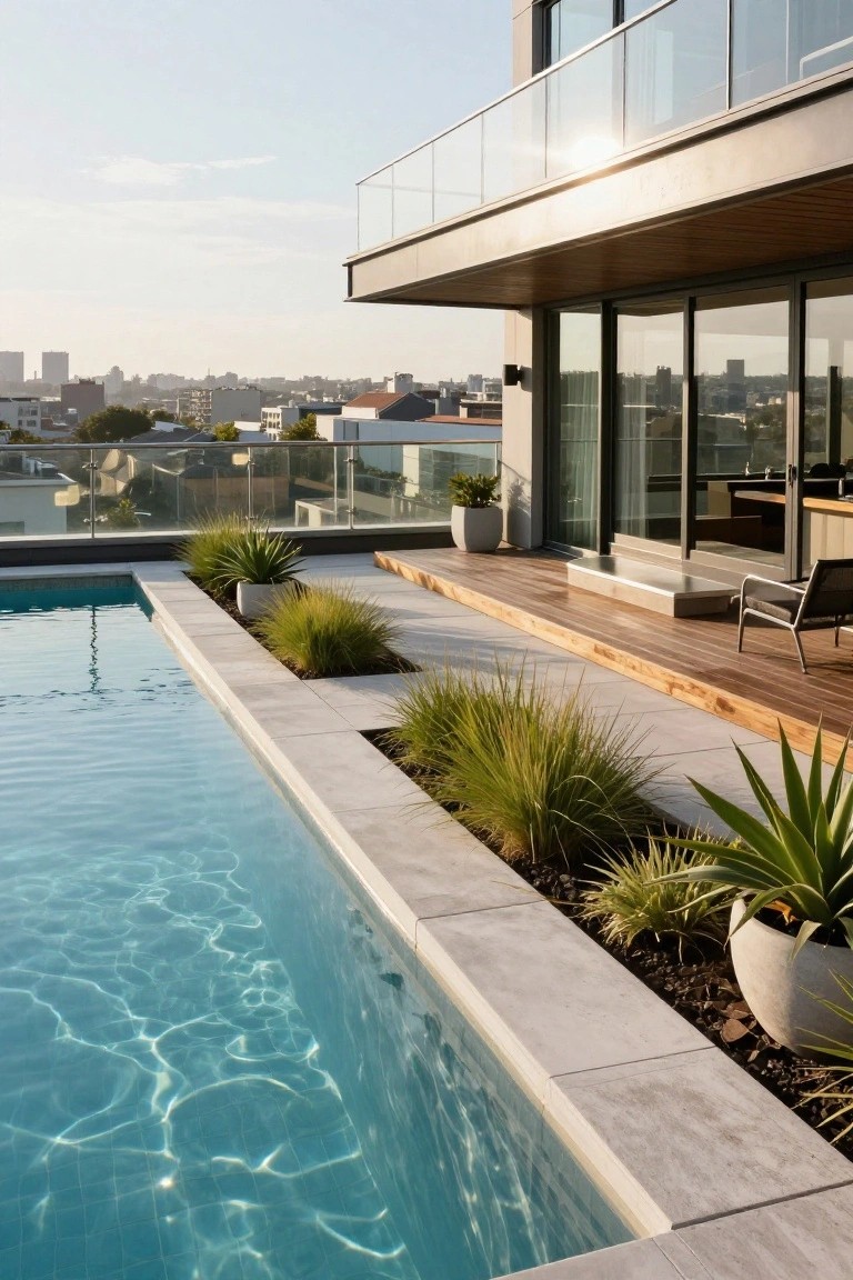 Modern rooftop terrace with infinity pool, wooden deck, and city skyline.