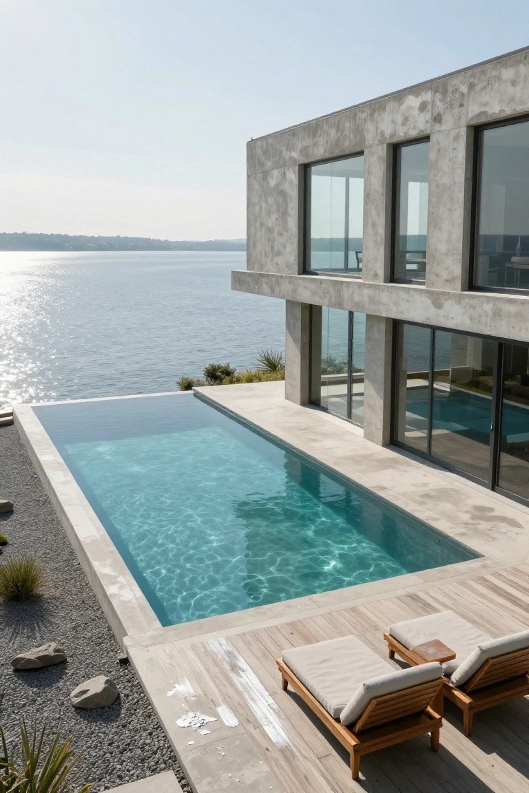 Modern concrete house with large glass walls and sliding doors next to an infinity-edge pool on a wooden deck, overlooking a lake, with lounge chairs, pebbles, grasses, and rocks nearby.