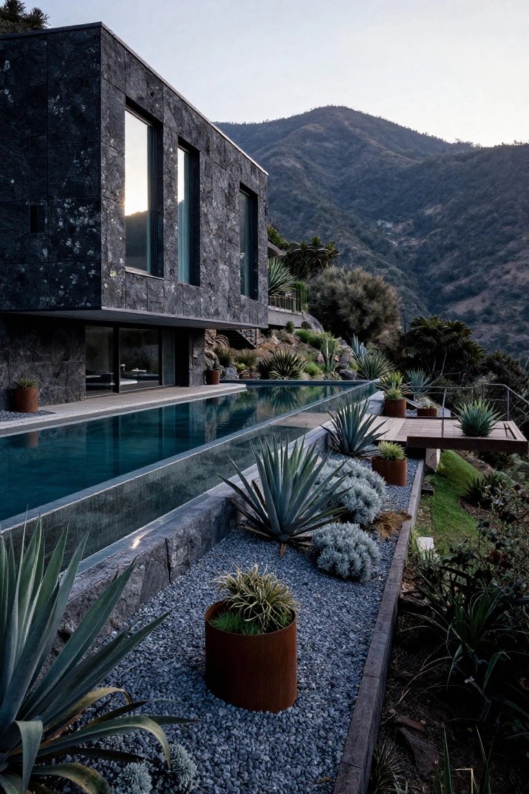 Black stone modern house on a steep hillside with a long infinity-edge swimming pool running parallel to one wall, edged by agave plants in gravel and corten pots, overlooking green mountains at sunset.