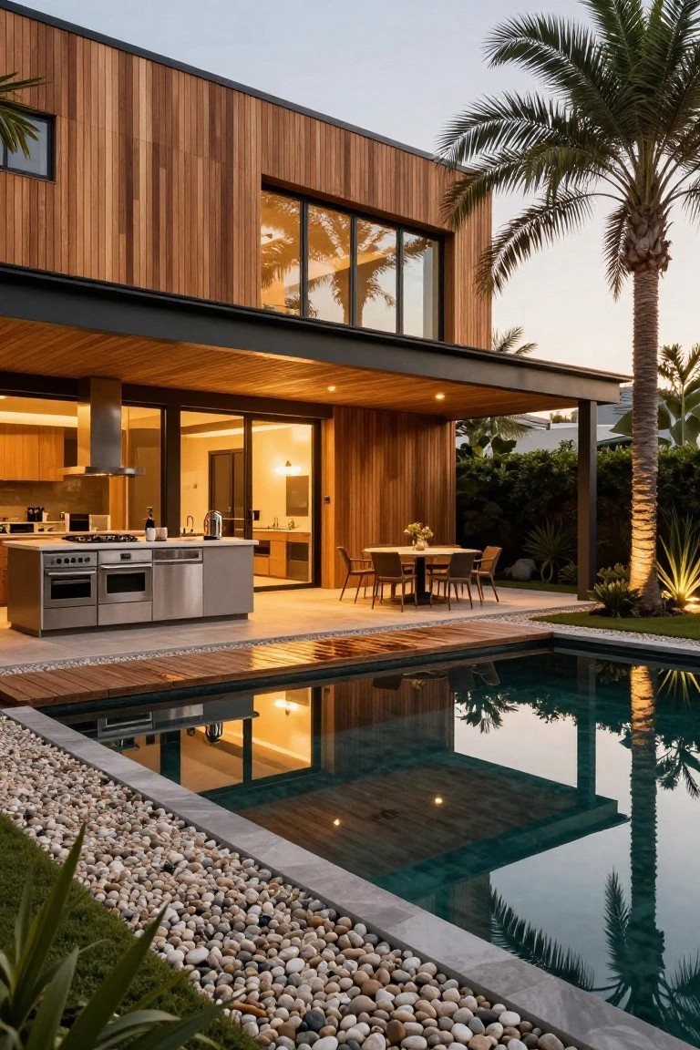 Modern house with vertical wooden cladding and large glass doors from kitchen to wooden deck beside rectangular pool edged in pebbles and grass, palm trees nearby, at dusk with warm lighting.