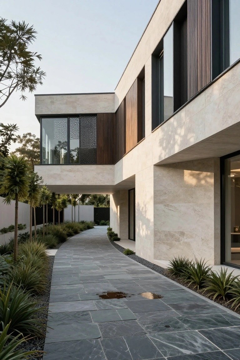 Modern house exterior with light beige stone walls, vertical wood cladding on sections, large windows, and a curved dark slate stone pathway lined with ornamental grasses and palm trees leading to the entrance.
