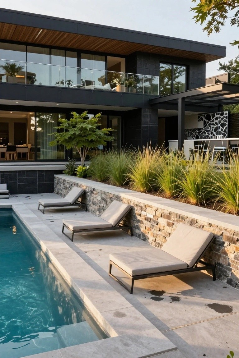 Modern luxury villa with poolside lounge chairs and stone landscaping.