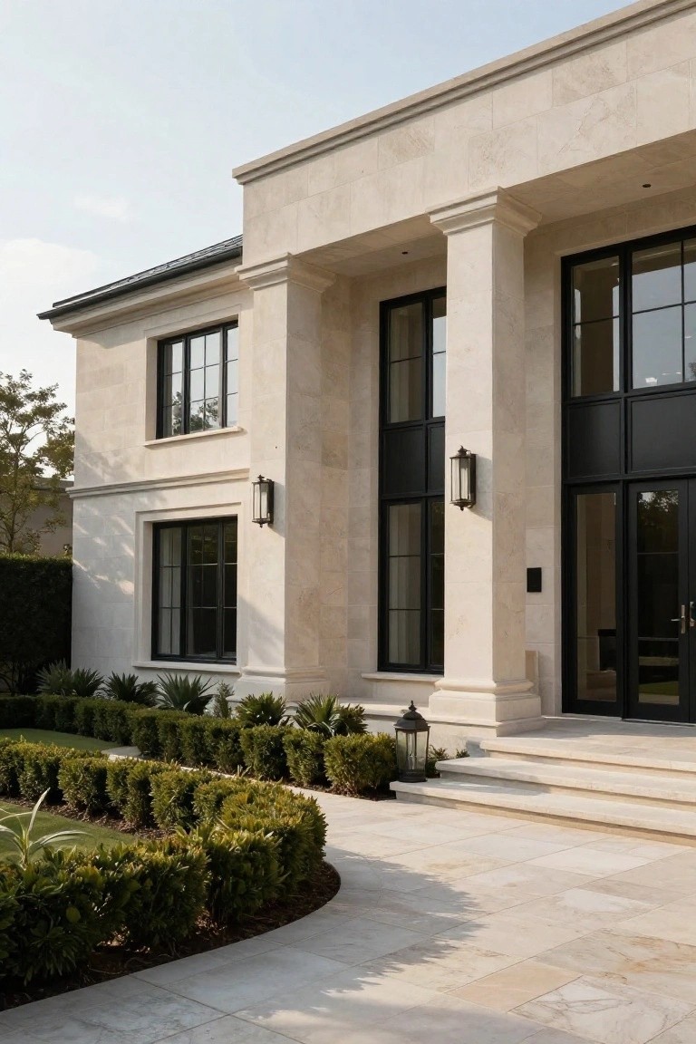 Beige stone facade of a modern two-story house with black metal-framed windows and doors, flanking pilasters, stone steps to the entrance, lanterns, and curved pathway edged by boxwood hedges and palms.