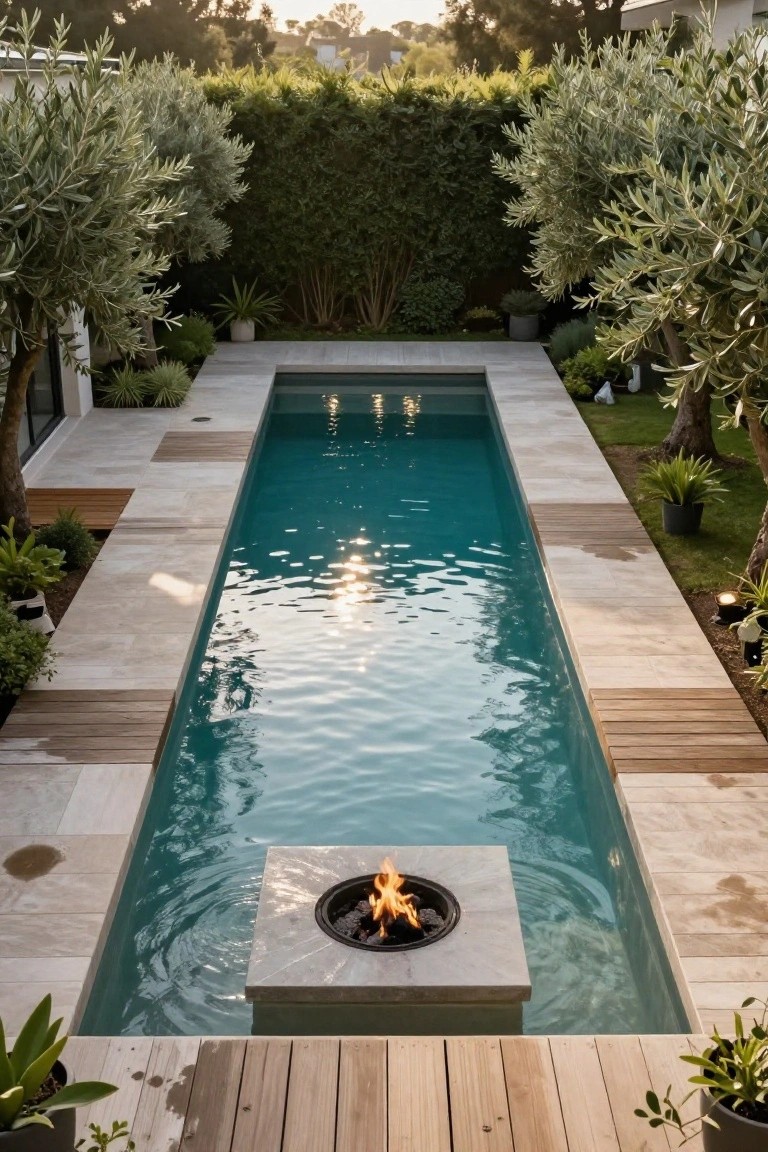 Overhead photo of a long rectangular pool with turquoise water and a central square stone platform holding a round fire pit with flames, surrounded by light stone decking, wood steps, potted plants, and tall olive trees on a green lawn.