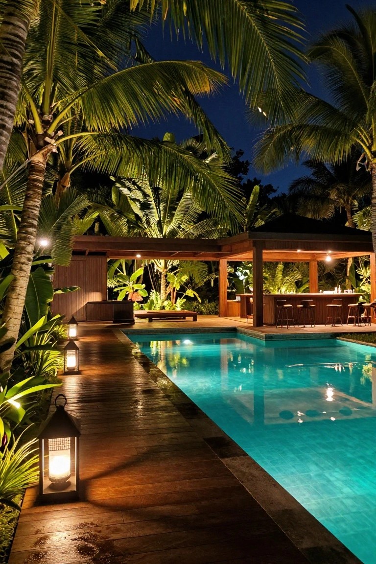 Nighttime photo of a turquoise pool with a wooden deck path lined by lanterns, leading to a wooden bar pavilion with stools under a peaked roof, surrounded by palm trees and tropical plants.