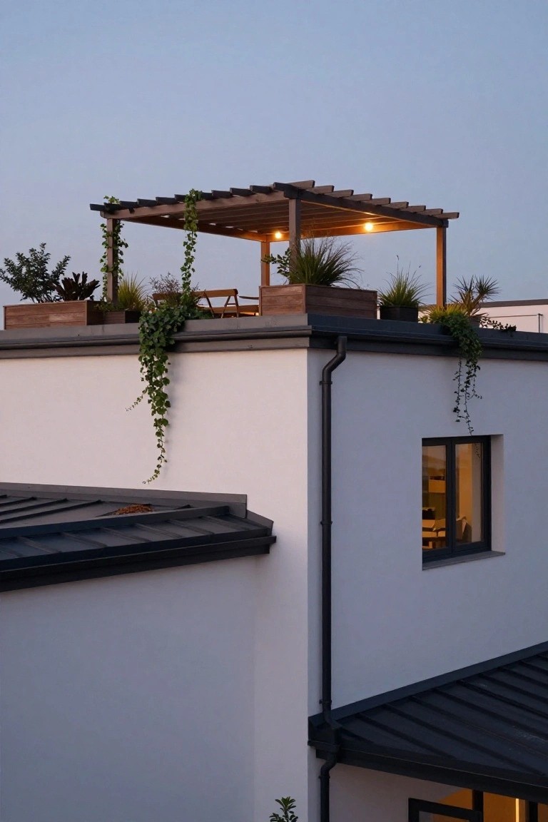 Corner view of a modern white stucco building with a flat dark roof, featuring a wooden pergola on the rooftop terrace draped in vines, surrounded by potted plants and chairs under warm lights at dusk.