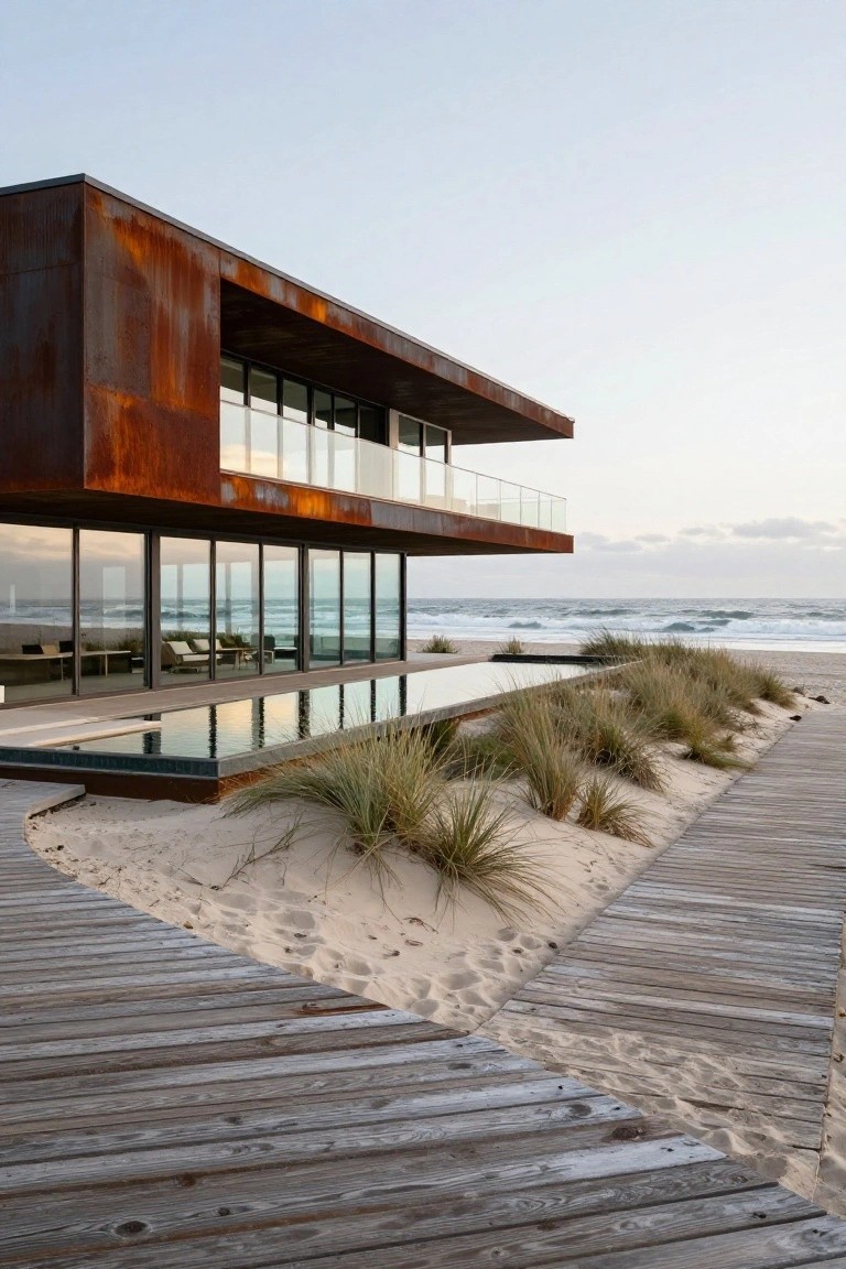 Modern beach house with rusted metal cladding, large glass walls facing the ocean, infinity-edge pool beside sand dunes and beach grass, and wooden boardwalk path.