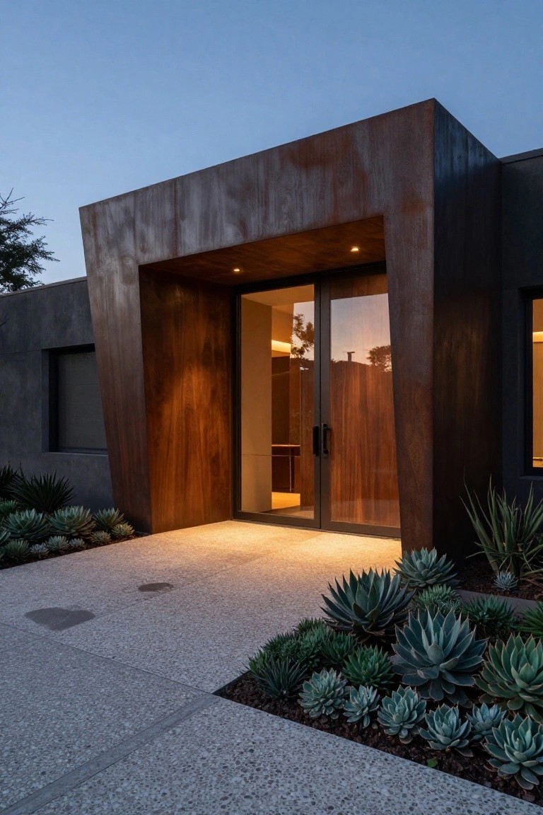 Modern house entrance with warm lighting, wooden doors, and succulent garden.