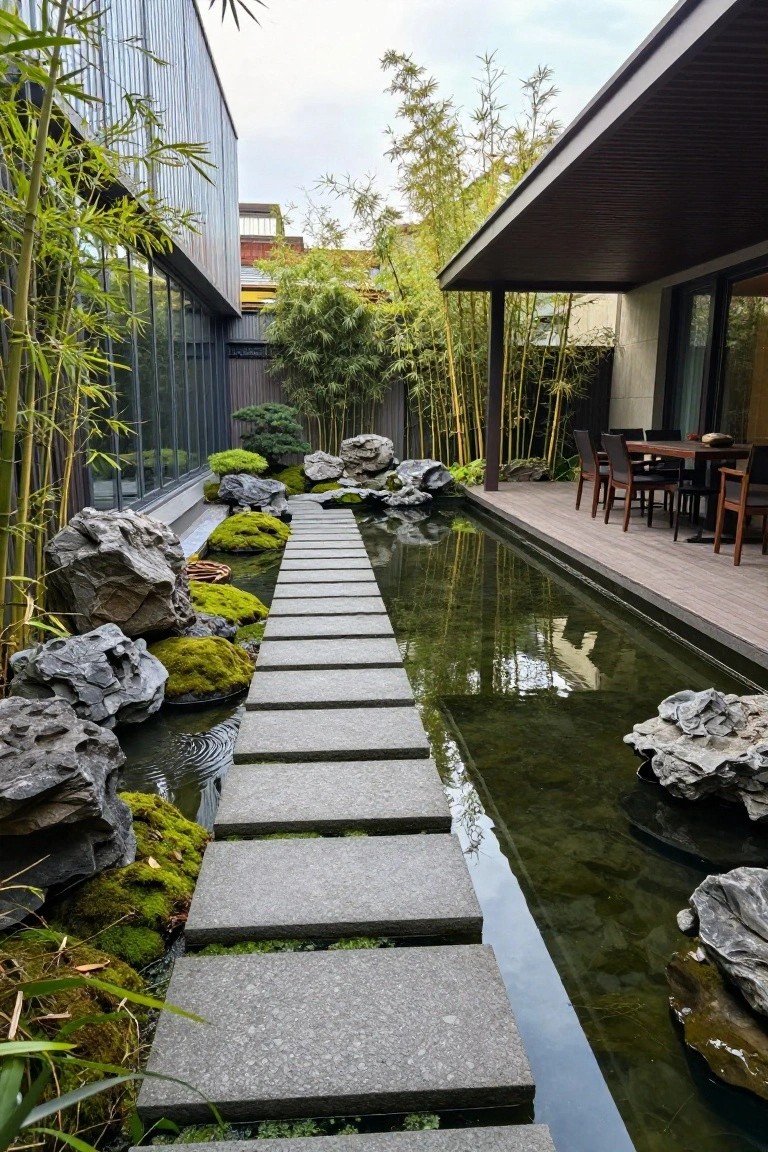 Narrow reflecting pool in a modern courtyard with flat stepping stones across it, edged by moss-covered boulders and bamboo, next to a wooden deck and dining table.