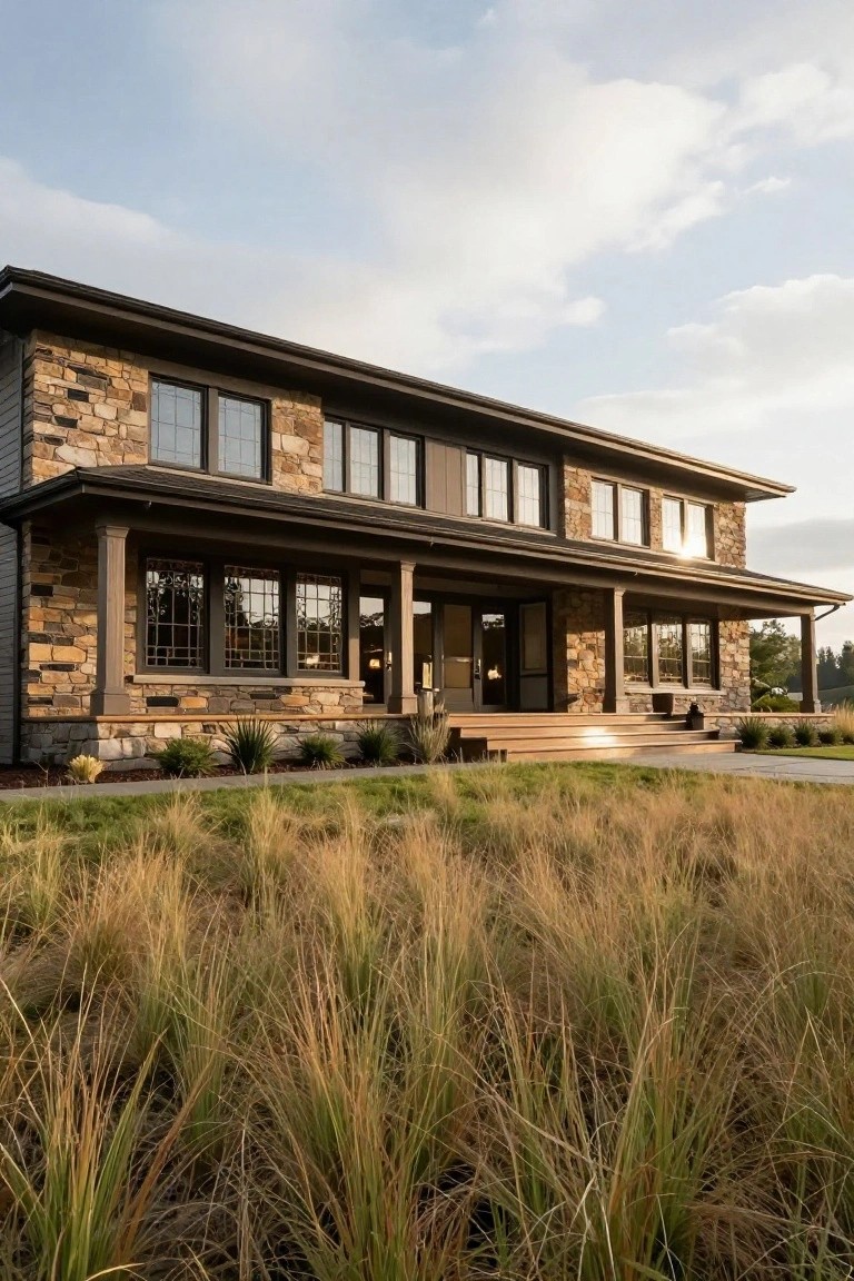 Two-story house exterior with irregular natural stone on lower walls, dark horizontal wood siding above, grid-pattern windows, covered front porch with columns, wooden entry steps, low shrubs, and tall ornamental grasses bordering a paved path under partly cloudy sunset sky.