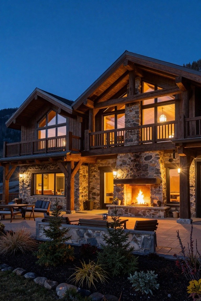 Luxurious wooden mountain lodge with glowing fireplace and stone exterior at dusk.