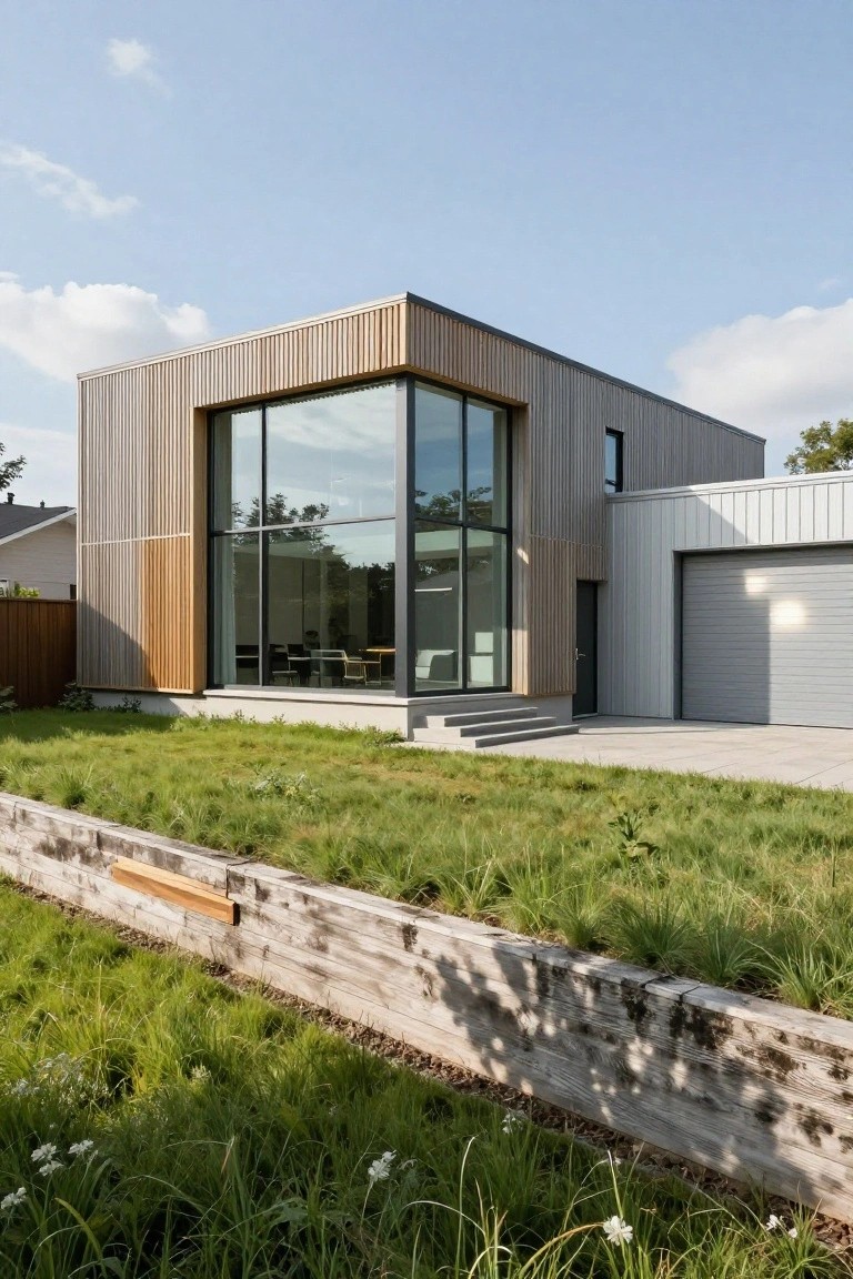 Modern house exterior with vertical light wood cladding on corner facade, large glass window, attached garage with gray roller door, concrete steps at entry, grass lawn, and timber retaining wall.