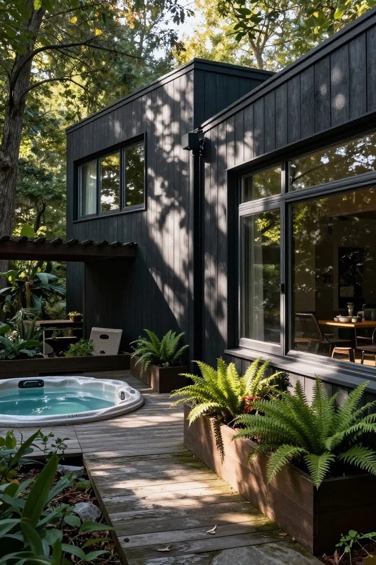 Dark wood-clad modern house with large windows adjacent to a weathered wooden deck featuring a round hot tub surrounded by rectangular wooden planters filled with ferns and tropical plants.
